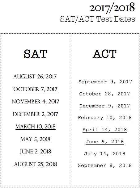 Upcoming SAT/ACT Test Dates, 2017-18